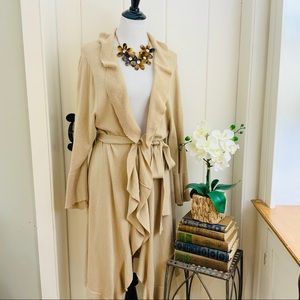 GARNET HILL Camel Tan Ruffled Long Length Cardigan